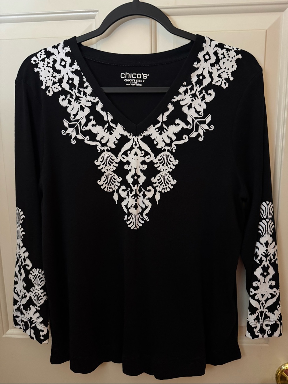 Chico's Top Black Ikat 100% Pima Cotton 3/4 Sleeve Everyday Tee Chico’s Size 2 - Picture 4 of 11